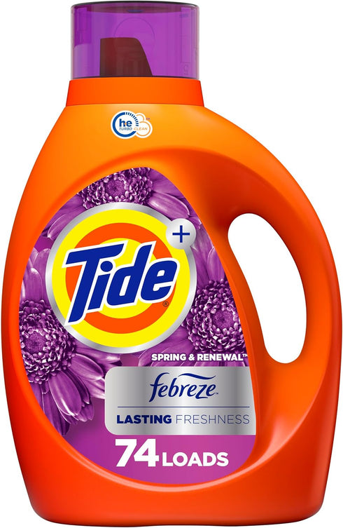 Tide Plus Febreze Freshness HE Turbo Clean Liquid Laundry Detergent, Spring & Renewal Scent, 105 fl oz, 74 Loads