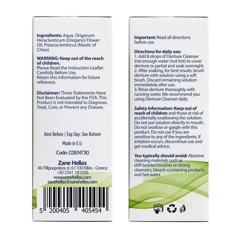 Zane Hellas Denture Cleaner with Oregano Oil, 1 fl.oz.-30ml for Plaque and Tartar Removal
