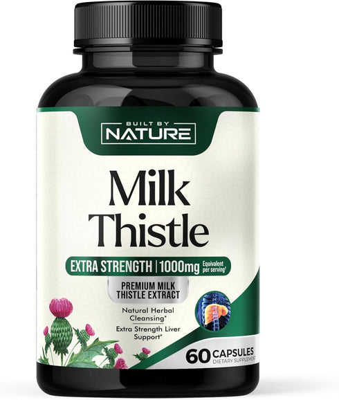 Milk Thistle 1000mg - 60 Veggie Capsules for Liver Detox with Silymarin Extract & Dandelion Root, Non-GMO