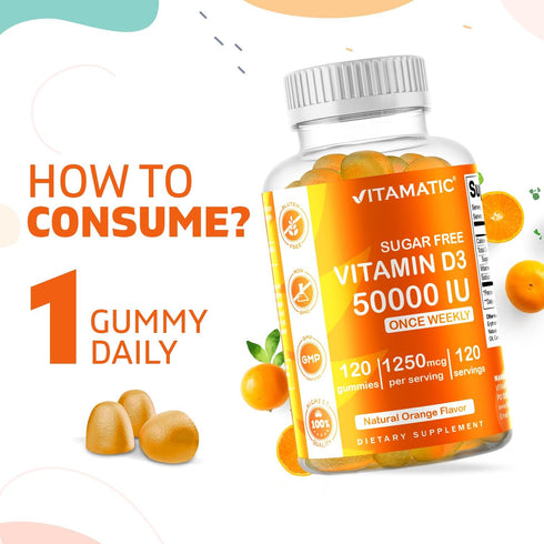 Vitamatic Sugar Free Vitamin D3 50,000 IU Weekly Supplement - 120 Pectin Based Gummies for Bones, Teeth, and Immune