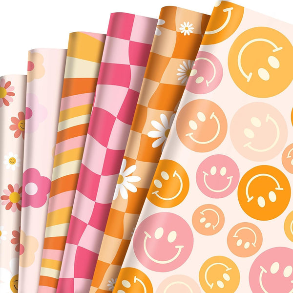 12 Sheets Boho Wrapping Paper, Retro Groovy Gift Wrap for Baby Shower Birthday Wedding DIY Crafts Gift Packing