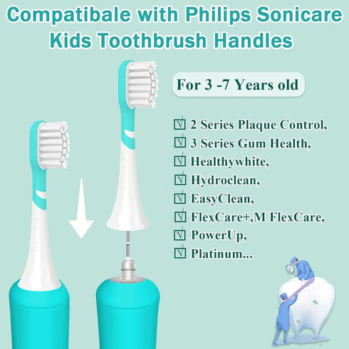 Kids Toothbrush Heads Compatible with Electric Philips Sonicare Handle, 8 Pack Green for Ages 3-7, Mini Brush Heads