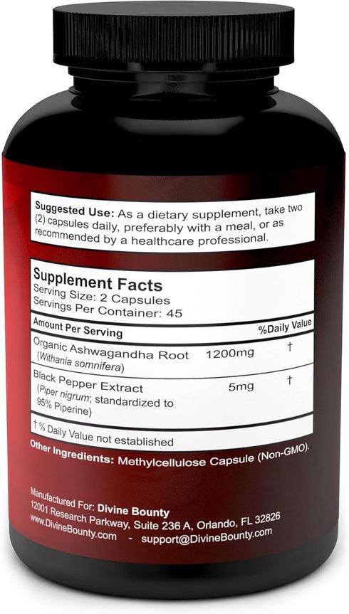 Divine Bounty Organic Ashwagandha Capsules, 1200mg with Black Pepper, 90 Veggie Capsules for Mood Support