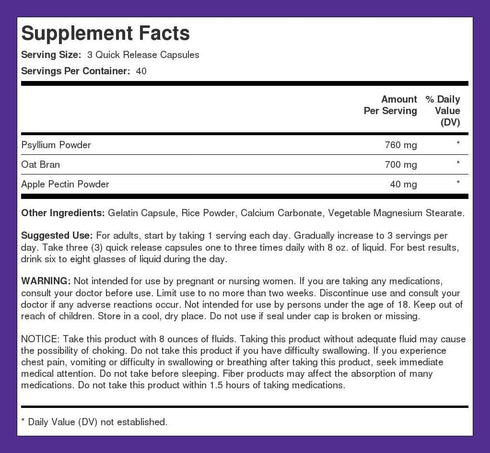 Piping Rock Fiber Complex | 1500mg | 120 Capsules | Triple Action Fiber with Psyllium, Oat Bran & Apple Pectin | Non-GMO