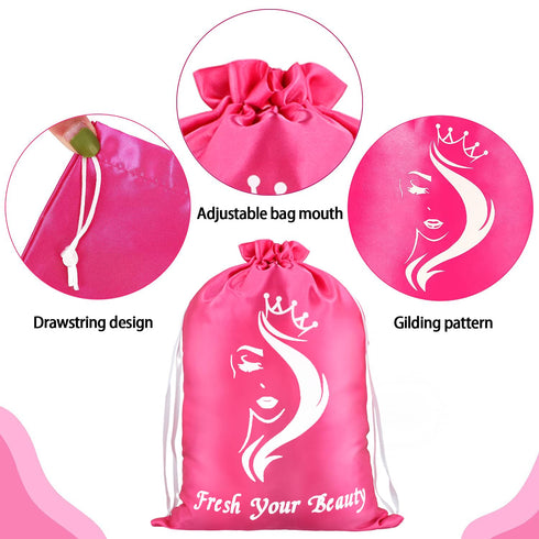 Satin Bags with Drawstring for Bundles, Wigs, Hair Extensions, Tools - 6 PCS Pink Soft Silk Pouches