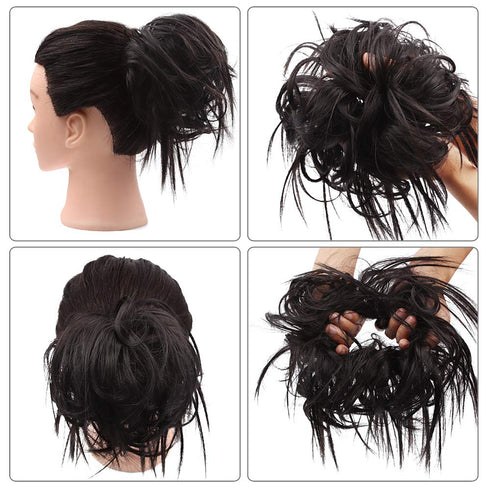 Tousled Updo Messy Bun Hair Piece Scrunchies, Synthetic Wavy Ponytail Extension for Women (Natural Black) -2#