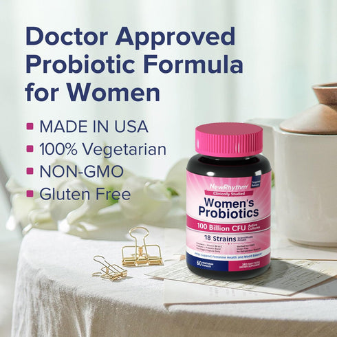 NewRhythm Probiotics for Women with P-5-P, Vitamin C & Organic Cranberry, 100 Billion CFU 18 Strains, 60 Capsules, No