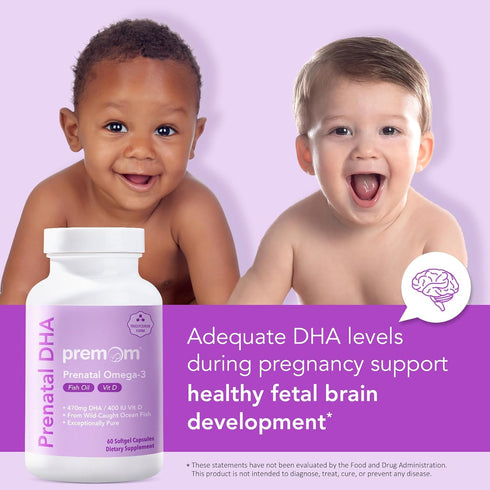 Premom Prenatal DHA Fish Oil: Omega 3 with 470mg DHA, 200mg EPA + 400 IU Vit D3 - Fertility Support for Women