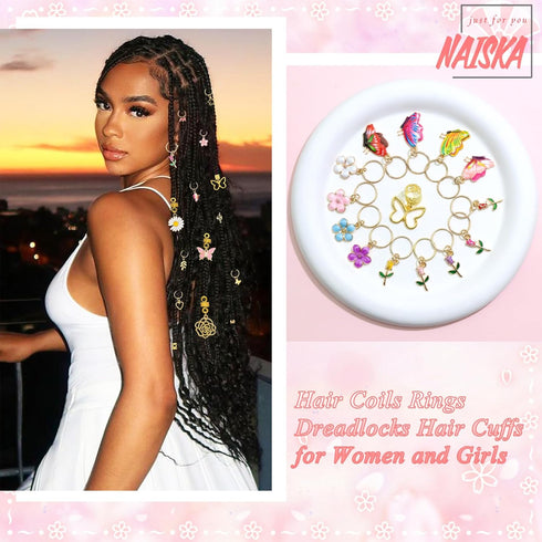 NAISKA 146PCS Gold Hair Jewelry for Braid, Handmade Butterfly Flower Charm Locs Dreadlock Accessories for Women