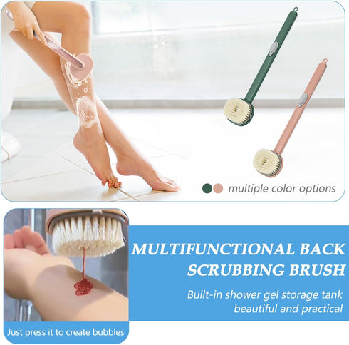 Long Handle Bath Massage Cleaning Brush - Back Scrubber for Shower with Soap Dispenser, Pink + Green