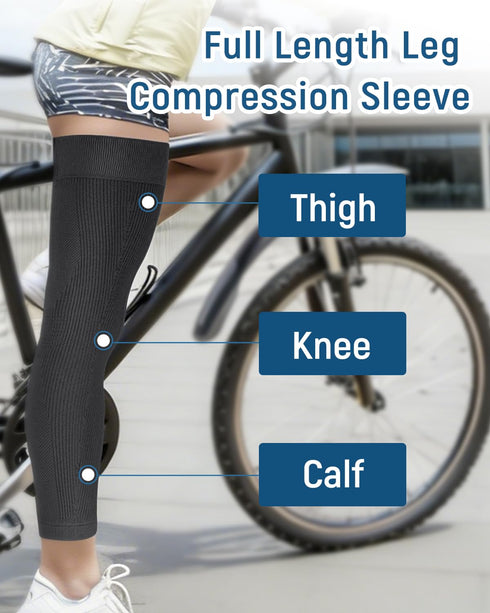 Leg Compression Sleeve - Full Length Knee Sleeve Covers Thigh, Knee and Calf, Stays in Place for Sports, Soft