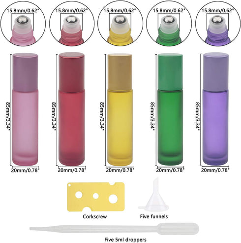 JIUWU 10pcs 10ml 1/3 Oz Essential Oils Stainless Steel Roller-on Bottles Refillable Perfume Organic Beauty Stainless Steel Frosted Vials with 5pcs Droppers Funnels, 1 Opener (5 Colors) by JIUWU