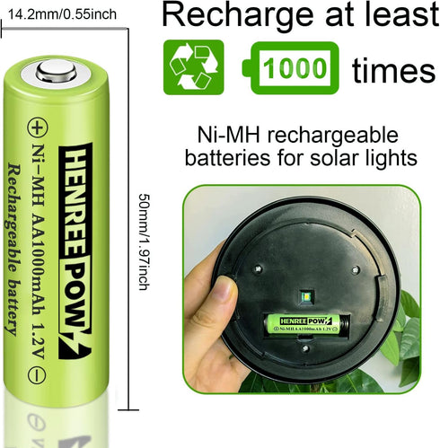 Henreepow Rechargeable AA Batteries, 12 Pack 1000mAh Pre-Charged for Outdoor Solar Lights, String Lights