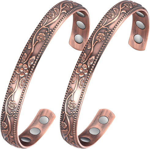 2Pcs Magnetic Copper Bracelets for Women, Vintage Flower 99.99% Pure Copper Cuff Jewelry with 3500 Gauss Magnets