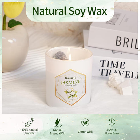 Kamria 7oz Jasmine Scented Candle with Crystals Inside, Natural Soy Wax Aromatherapy with Green Stones & Gold Flakes