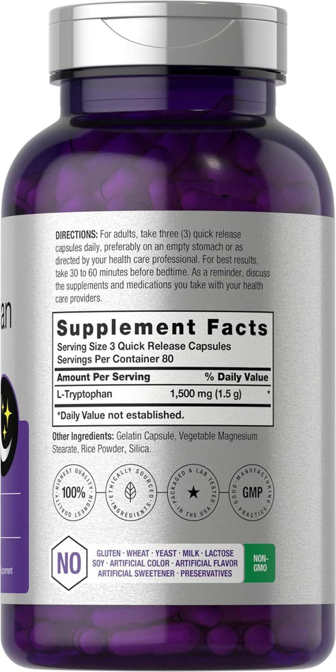 Horbaeach L Tryptophan 1500mg Capsules | 240 Count | Nighttime Formula | Non-GMO, Gluten Free Supplement