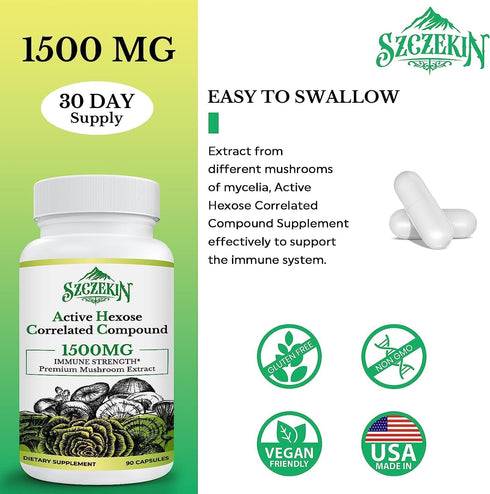 Active Hexose Correlated Compound 1500 mg Supplement - Natural 8 Mushroom Extract for Immune System & Liver Function,