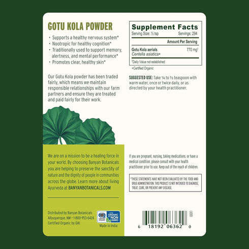 Banyan Botanicals Gotu Kola Powder, Organic Brahmi (Centella Asiatica), ½ lb, Vegan