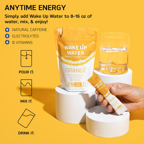 Wake Up Water - Energy + Hydration Packets (15 Pack), Orange Flavor - Electrolytes Powder Drink Mix, Sugar Free