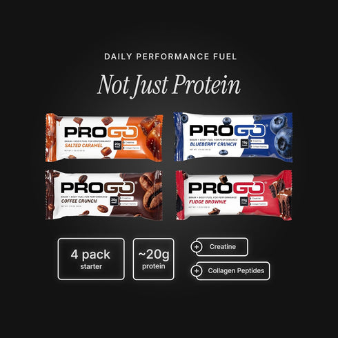 Pack 20g 95% (4-Count) ProGo Protein Bars Starter Brain + Body Fuel with Up to Clean Protein, Creatine & Collagen