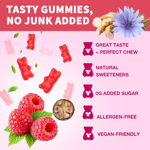 Gummies 60 Count Fiber for Digestive Health & Regularity, Sugar-Free High Fiber Supplement for Adults & Kids, Soluble