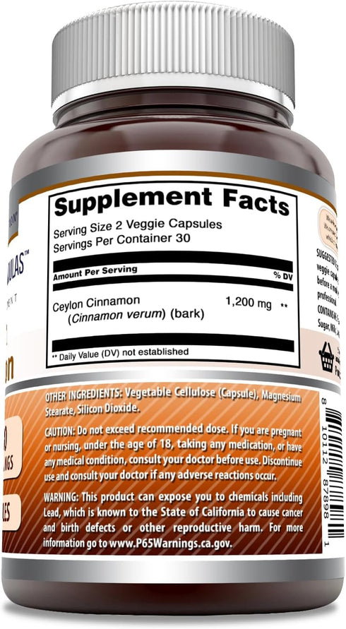 Amazing Formulas Ceylon Cinnamon 1200 Mg Per Serving | Veggie Capsules Supplement | Non-GMO | Gluten Free | Made in USA (1 Pack, 60 Count)