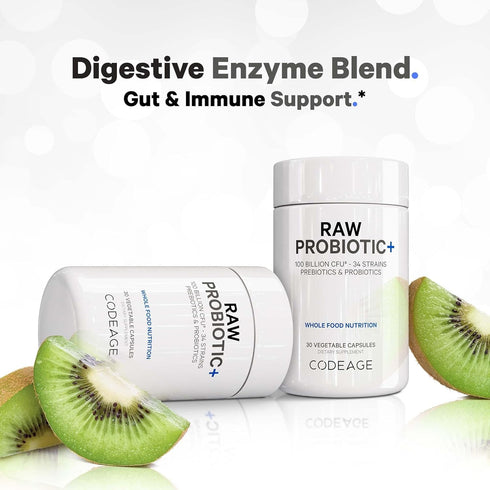Codeage Raw Probiotic+ Supplement - 100 Billion CFU - 30 Capsules - 34 Strains with Digestive Enzymes & Raw Prebiotics