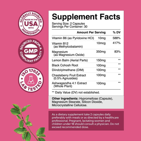 Advanced PMS Support Supplement for Women - Multibenefit PMS Relief Complex for Low Energy Mood Support Period Cramps and Bloating Relief for Women - Menstrual Hormonal Balance for Women (60 Capsules)