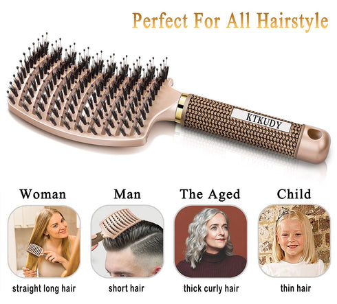 KTKUDY Gold Detangling Brush, Boar Bristles Hairbrush for Wet and Dry Hair, Pain-Free Knot Removal