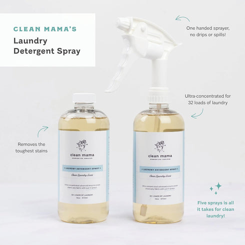 Clean Mama Natural Laundry Detergent Spray & Pre-Treater, Eco-Friendly, Unscented, 64+ Loads, 16 oz Each