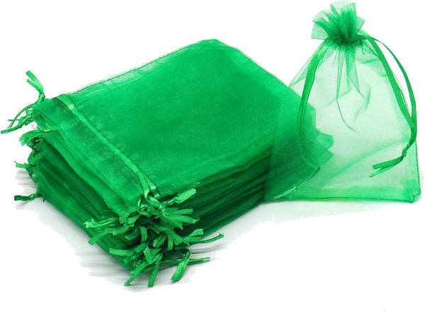100Pcs 3x4 Inch Green Organza Bags with Drawstring, Small Mesh Jewelry Gift Pouches, Baby Shower Party Favor Bags
