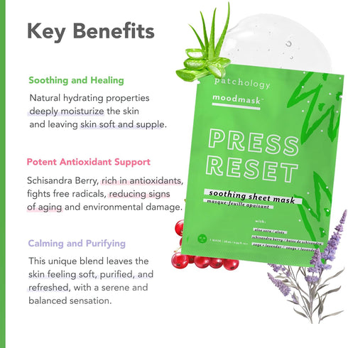 Patchology Soothing Face Mask - Press Reset Sheet Mask with Aloe Vera, Lavender, Schisandra Berry for Hydrating Skin