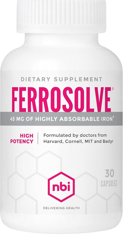 FerroSolve Best Absorption Iron Supplement, 45 mg, High Potency, GI Safe, 30ct Veggie Capsules