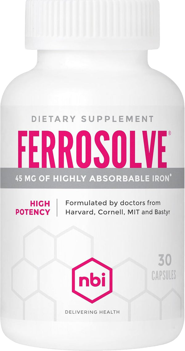 FerroSolve Best Absorption Iron Supplement, 45 mg, High Potency, GI Safe, 30ct Veggie Capsules