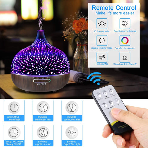 Zorara 550ml 3D 7 Essential Oil Diffuser Cool Mist Humidifier Glass Ultrasonic Aromatherapy Humidifier with Color