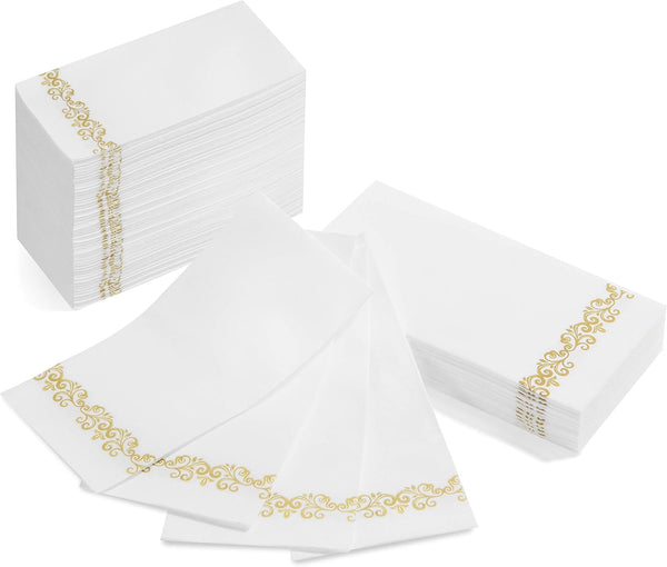 AH AMERICAN HOMESTEAD Disposable Paper Hand Towels - White Linen-Like Napkins for Guest Bathroom & Parties (Gold