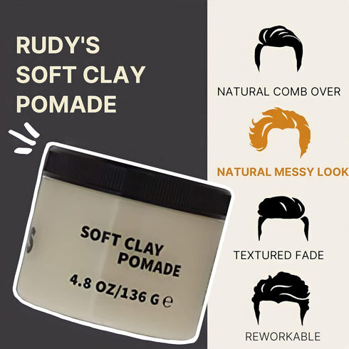 Rudy's Soft Clay Pomade - Lightweight and Pliable All Day Hold, Paraben Free, for Waves and Texture