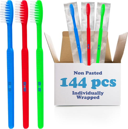 144 Disposable Toothbrushes Individually Wrapped, Bulk Disposable Toothbrushes Soft Bristles Perfect for Travel, Giveaways, Hotels, Airbnb, Dantel office supply