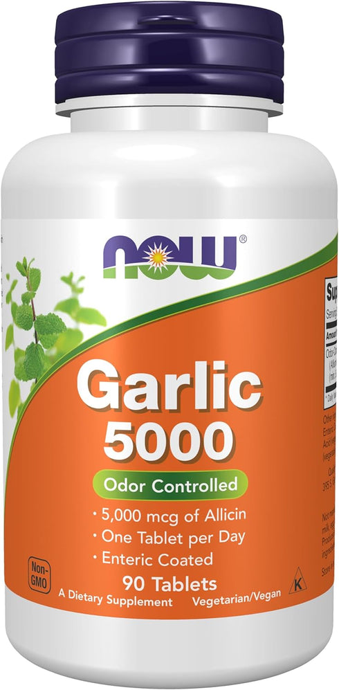 NOW Supplements Garlic 5,000 mg, Enteric Coated, Odor Controlled, 90 Tablets
