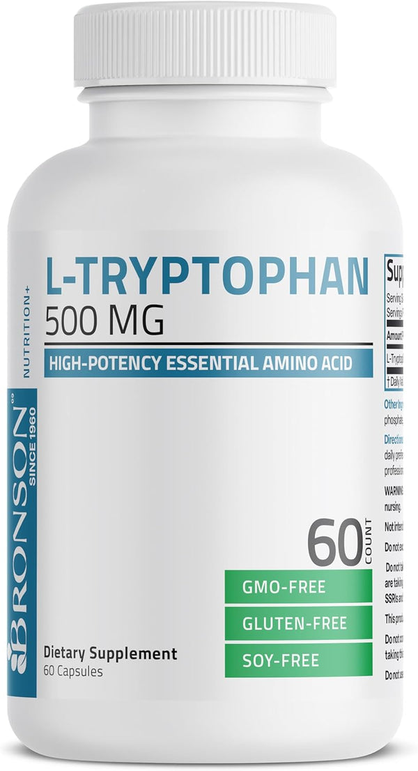 Bronson L-Tryptophan 500 MG | High Potency Essential Amino Acid for Relaxation & Positive Mood Support | 60 Capsules