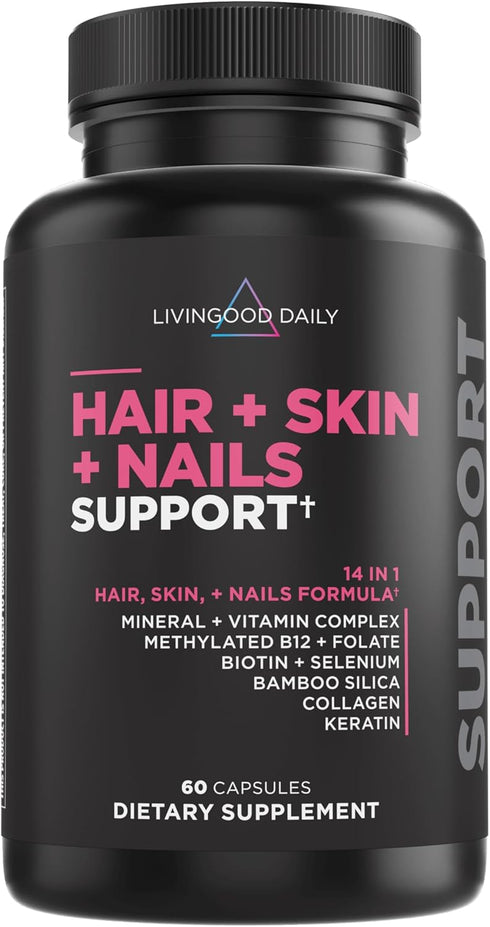 Livingood Daily Hair, Skin, & Nails Vitamins for Women & Men - 14-in-1 Supplement for Healthy Skin