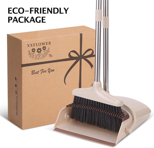 Set 1-Pack Broom and Dustpan with Long Handle, Light Weight Stainless Steel Poles Stand Upright Dustpans with Broom