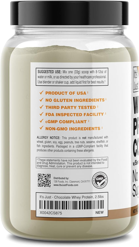100% Whey Protein Concentrate, It's Just! Premium WPC-80, Natural Cocoa Powder, 2.5 Pound, Chocolate, Made in USA