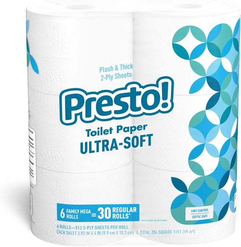 Amazon Brand - Presto! 2-Ply Ultra-Soft Toilet Paper, 6 Family Mega Rolls = 30 Regular Rolls, Unscented, White, 1878