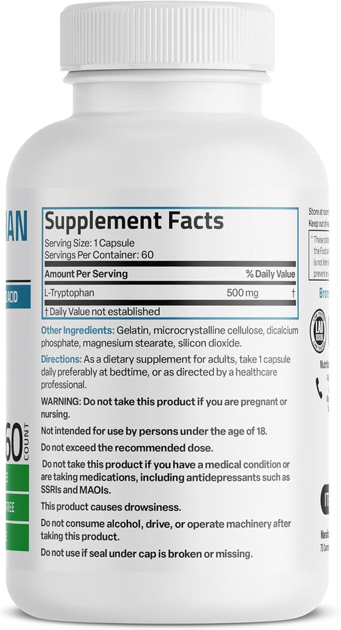 Bronson L-Tryptophan 500 MG | High Potency Essential Amino Acid for Relaxation & Positive Mood Support | 60 Capsules