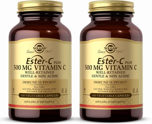 SOLGAR Ester-C Plus 500 mg Vitamin C - 100 Vegetable Capsules, Pack of 2 - Immune Support - Non-GMO, Vegan