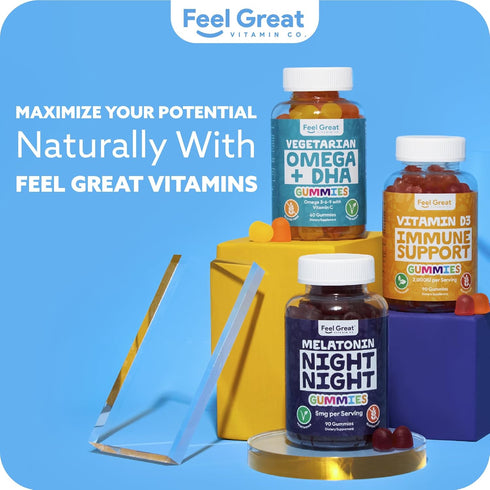 Feel Great Omega & DHA Gummies for Adults, Plant-Based Omega 3 Fish Oil Alternative, Vegetarian, Supports Brain &