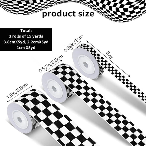 3 Rolls White Checkered Printed Ribbon Black Grosgrain Ribbon,0.4, 0.87, 1.5 Inch Wide, 15 Yard Car Theme Checkered Ribbon , for DIY Crafts Wreath Racing Car Party Wreath Decorations by weizedm