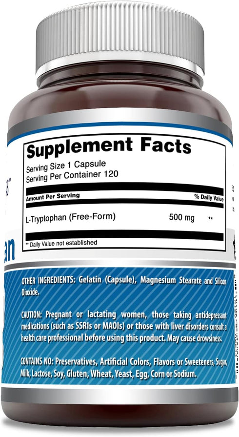 Amazing Formulas L-Tryptophan Amino Acid Supplement, 500 Mg per Serving, 120 Capsules, Non-GMO, Gluten-Free, Made in USA