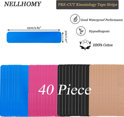 Kinesiology Tape Precut-40 Strips | Pro Elastic Athletic Tape for Joints Support & Muscle Pain Relief-Hypoallergenic and Waterproof K Tape Perfect for Ankle Knees Running Any Activity(Mix-4)
